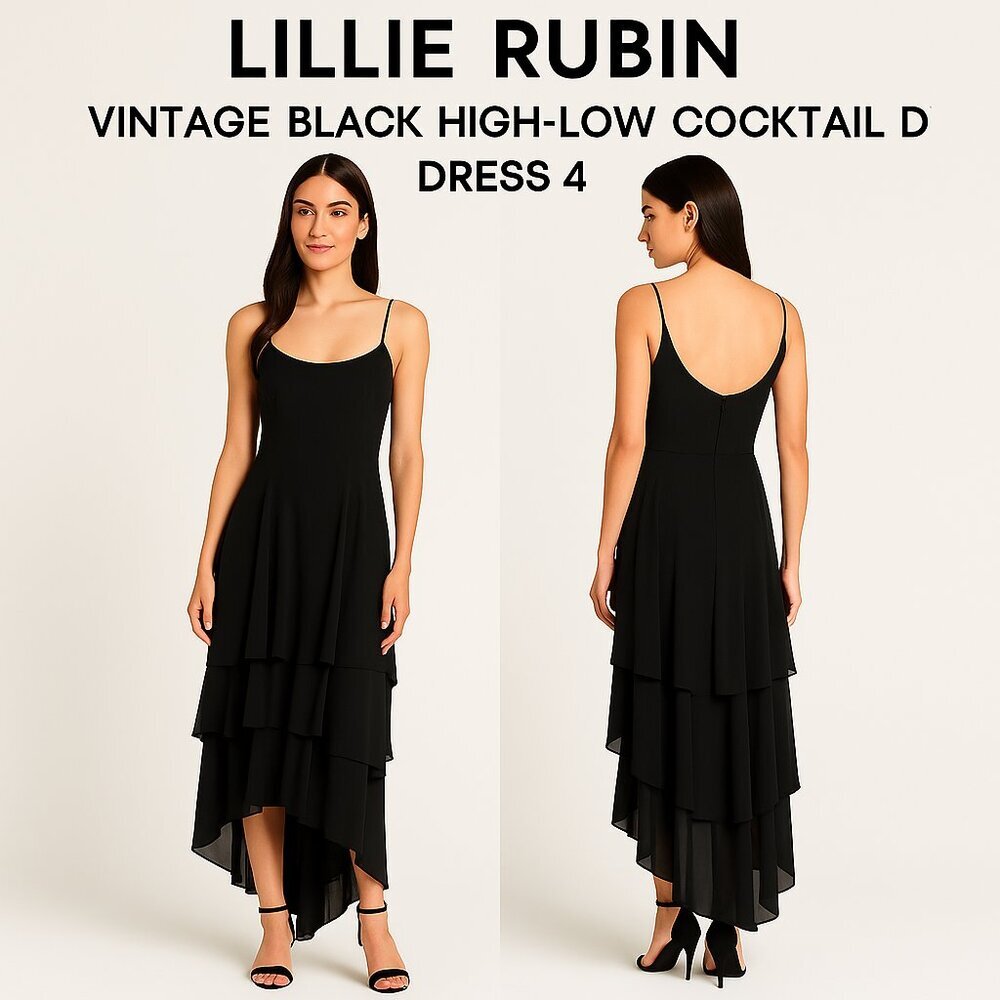 Lillie Rubin Vintage Black Layered Chiffon High-Low Cocktail Dress Size 4